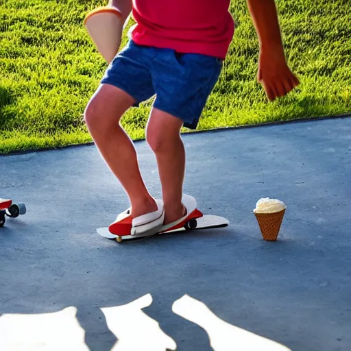 Prompt: a man kicking an ice cream cone out of a child's hand in a skate park, sunny day, sun flare.