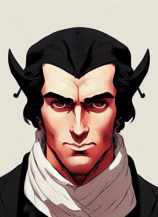 Prompt: french revolutionary with a chiseled jaw and a stoic look on his face, heroic, glorious, in the style of artgerm, gerald brom, atey ghailan and mike mignola, vibrant colors and hard shadows and strong rim light, plain background, comic cover art, trending on artstation