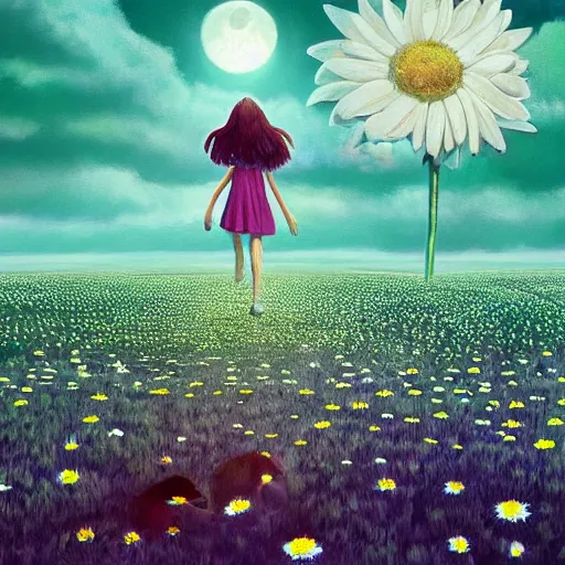 Image similar to giant daisy flower as a head, girl walking in flower field, surreal photography, moon light, dark night, dramatic, impressionist painting, clouds, digital painting, artstation, simon stalenhag