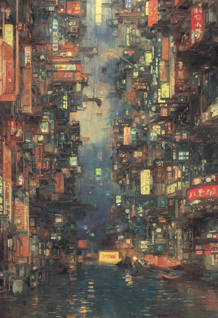 Prompt: a beautiful japanese city near the sea, ryokans and edo era houses, cyberpunk, lofi vibe, colorful, oil painting in impressionist style, by jeremy lipkin, john berkey, claude monet, dino valls, by makoto shinkai, multiple brush strokes, inspired by ghibli, masterpiece