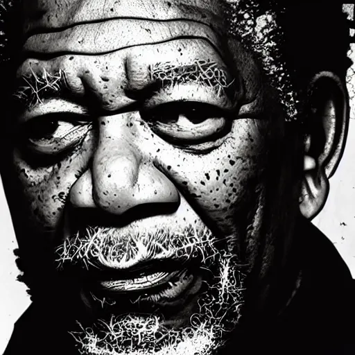 Image similar to photo of Morgan Freeman dressed as Negan, black leather jacket, mischievous look with his barbed baseball bat Lucille on his shoulder, in the style of Peter Lindbergh, white fog, octane render