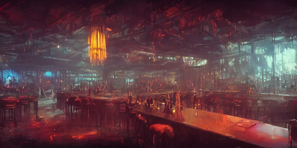 Prompt: Interior of a night club, Greg Rutkowski, Frank Frazetta, character design, trending on Artstation, 8K, ultra wide angle, establishing shot, pincushion lens effect, zenith view