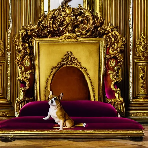 Prompt: 8k highly detailed photo by David Bailey of A French Bulldog Louis XIV, decadent throne room, the other animals prostrate themselves before the throne, French architecture