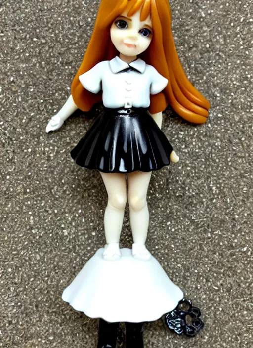 Prompt: 80mm resin detailed miniature of a school girl with black skirt, white blouse and gothic boots