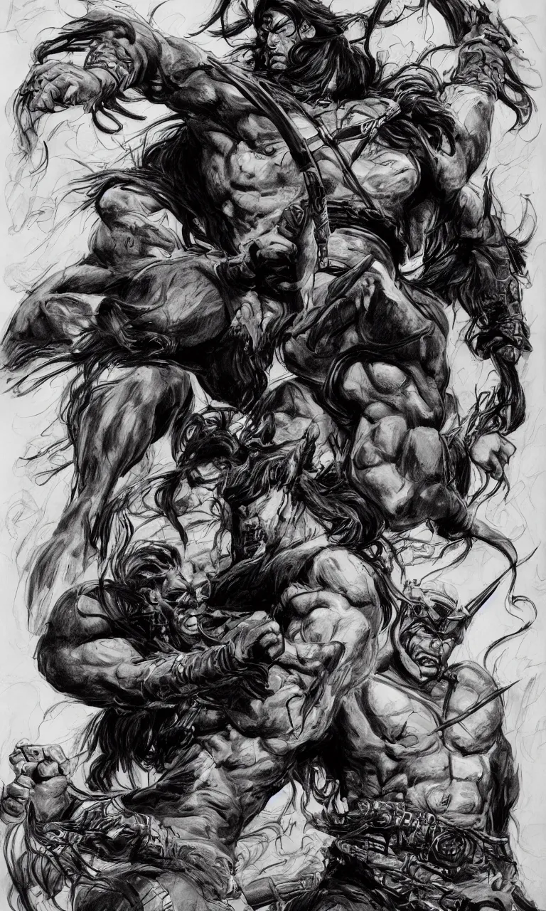 Prompt: digital detailed pianting drawing of conan by simon bisley and john buscema, unreal engine 5