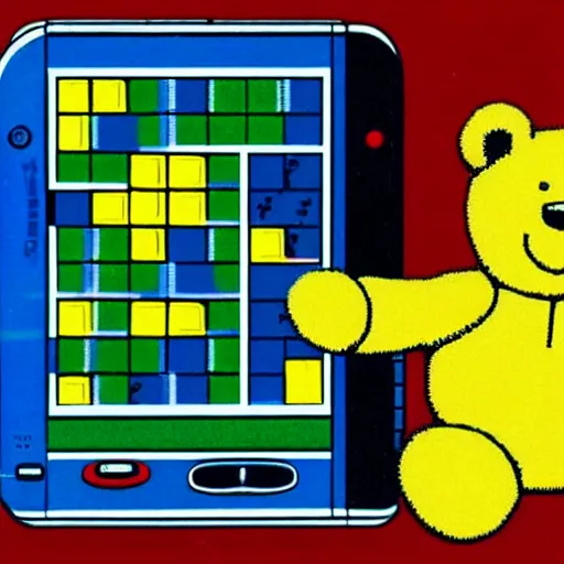 Image similar to Cute yellow teddy bear playing Tetris on a Game Boy.