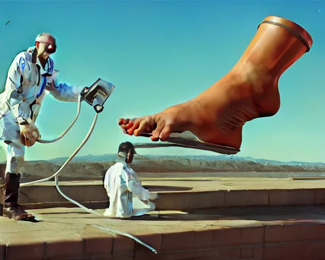Image similar to extremely greasy doctor slathering snake oil all over a patient's broken foot. It will surely be cured within the hour. Painting by Vince Ray and Syd Mead, 3D rendering by Beeple, directed by Robert Eggers
