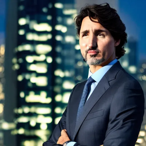 Image similar to a still of Justin Trudeau. He's wearing a dark suit. Studio lighting, Close. shallow depth of field. Professional photography City at night in background, lights, colors,4K