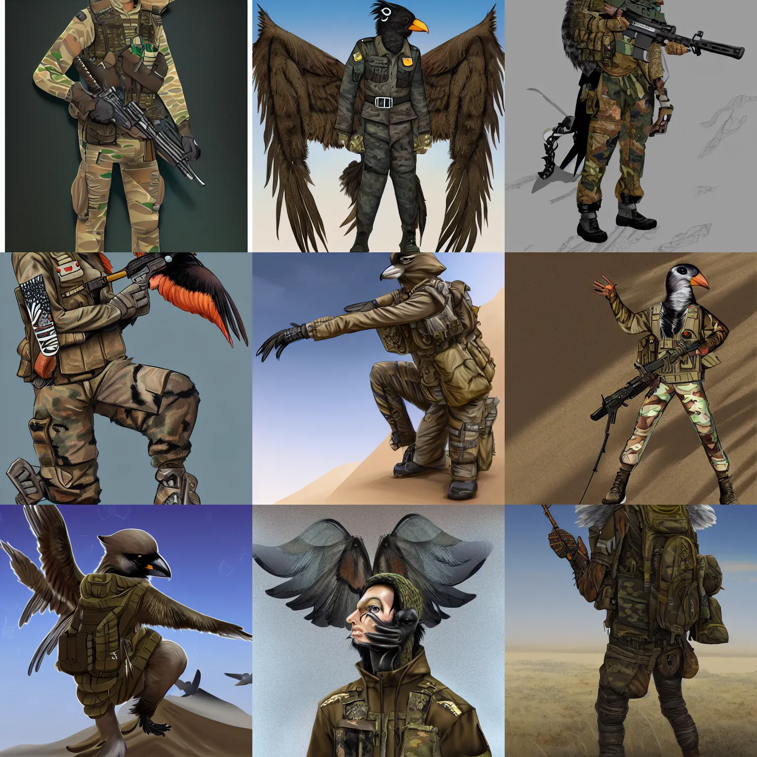 Prompt: very very beautiful avian furry art, male anthro crow wearing desert camo combat uniform, outstretched wings, commission on furaffinity, highly detailed digital art