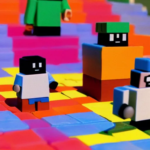 Image similar to 35 mm photo of block figures looking like roblox figures playing with a computer in a block world, having fun in the sun, bright and fun colors