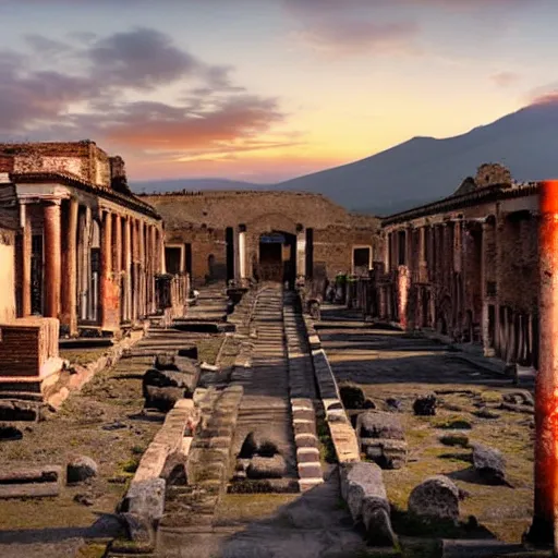 Prompt: photoreal image of pompeii just before the volcano explodes