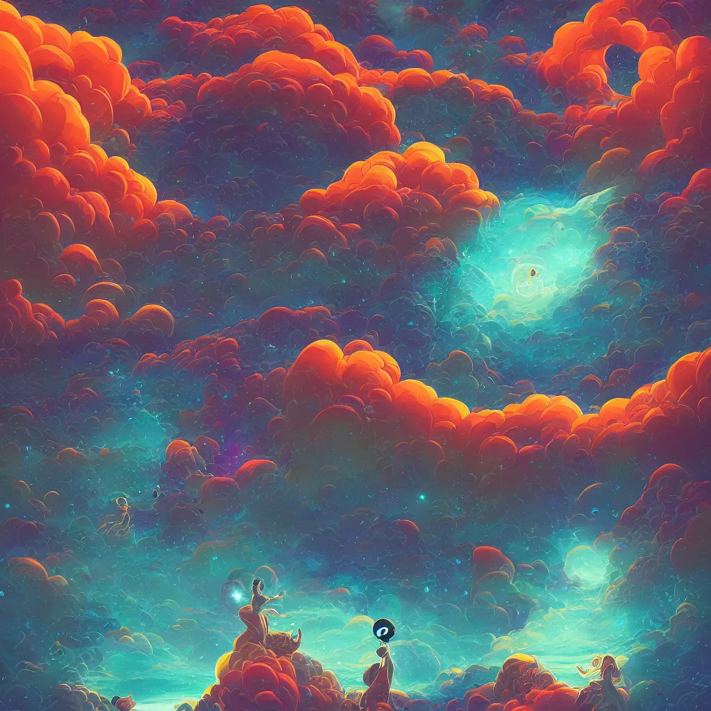 Prompt: Cosmic colorful pixar moongate, digital matte black paper art by Moebius and by Cyril Rolando, Beautiful epic night fire seascape, pastiche by Moebius, Cyril Rolando, Shawn Coss, Junji Ito, and Roger Dean