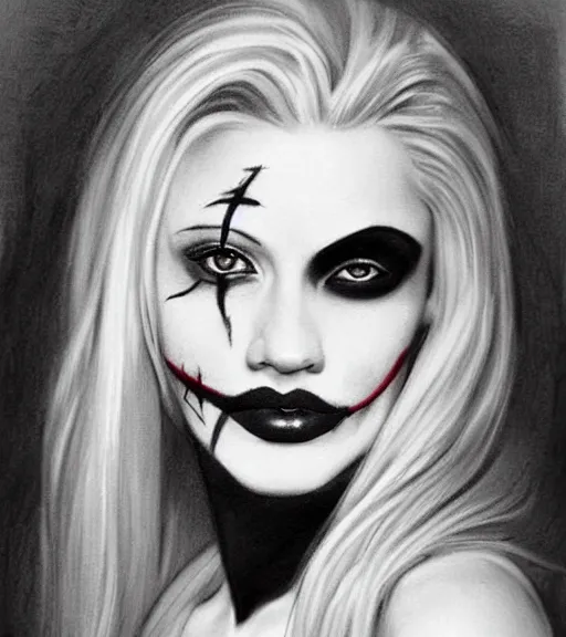 Prompt: tattoo design sketch of a beautiful blonde female portrait with joker makeup, in the style of den yakovlev, realistic face, black and white, realism tattoo, hyper realistic, highly detailed