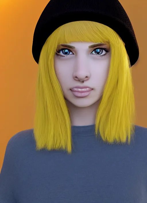 Image similar to young lady, very short yellow hair, nose ring, blue hat, beig brown eyes, nose ring, volumetric lighting, detailed