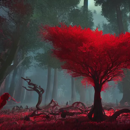 Prompt: crimson forest with a red ghost in it that is being parsed by a large crowd of people in red robes, surreal, sharp focus, digital art, epic composition, concept art, dynamic lighting, intricate, highly detailed, 8 k, unreal engine, blender render