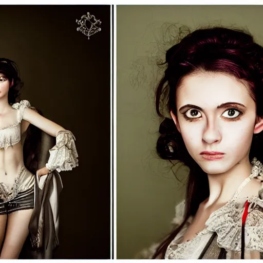 Image similar to shot from a distance, rococo, manga, tonal, young lady, thin, dark hair, wearing isabel murant