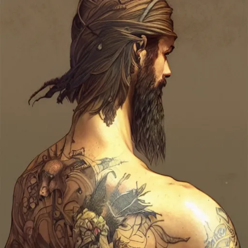 Image similar to back portrait of a rugged ranger, upper body, tattoos, toned, hairy, D&D, fantasy, intricate, elegant, highly detailed, digital painting, artstation, concept art, matte, sharp focus, illustration, art by Artgerm and Greg Rutkowski and Alphonse Mucha