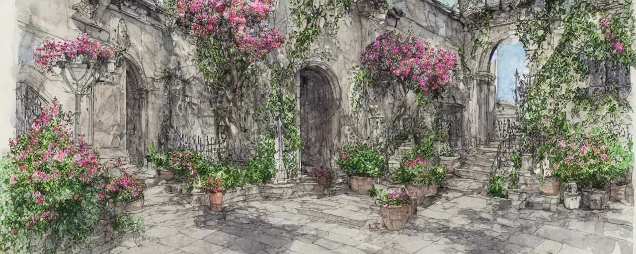 Image similar to huge flower, courtyard walkway, castle, stairway, chairs, wrought iron, gate, tree, delicate, botanic garden, road, botanical herbarium paper, watercolor colored painting, iridescent colors, 8 k, realistic shaded, fine details, artstation, italian style, colonnade