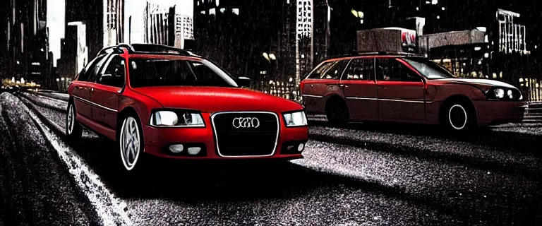 Image similar to Audi A4 B6 Avant (2002) in a car chase, a gritty neo-noir, dramatic lighting, cinematic, establishing shot, extremely high detail, photorealistic, cinematic lighting, artstation, by simon stalenhag, Max Payne (PC) (2001) winter new york at night, dark night, bright lights, simon stalenhag eldritch horror