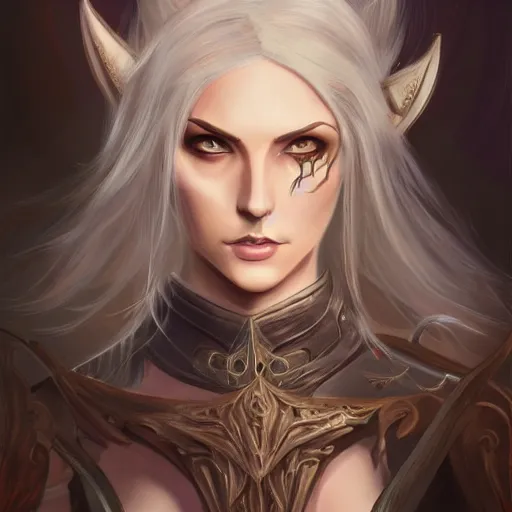 Prompt: A dark elf wizard, female, auburn and blonde two toned hair, Fantasy, D&D, intricate, elegant, highly detailed, digital painting, artstation, concept art, matte, sharp focus, illustration, in the style of Magic The Gathering