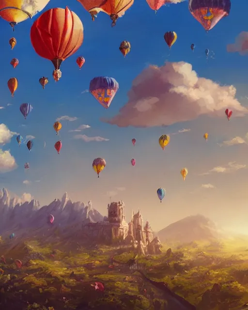 Image similar to flying cloud castle, buildings, baloons, machines, bright, blue sky, mountains, colorful, cinematic lighting, fantasy, high detail, illustration, masterpiece, artstation, 4 k, art by wylie beckert