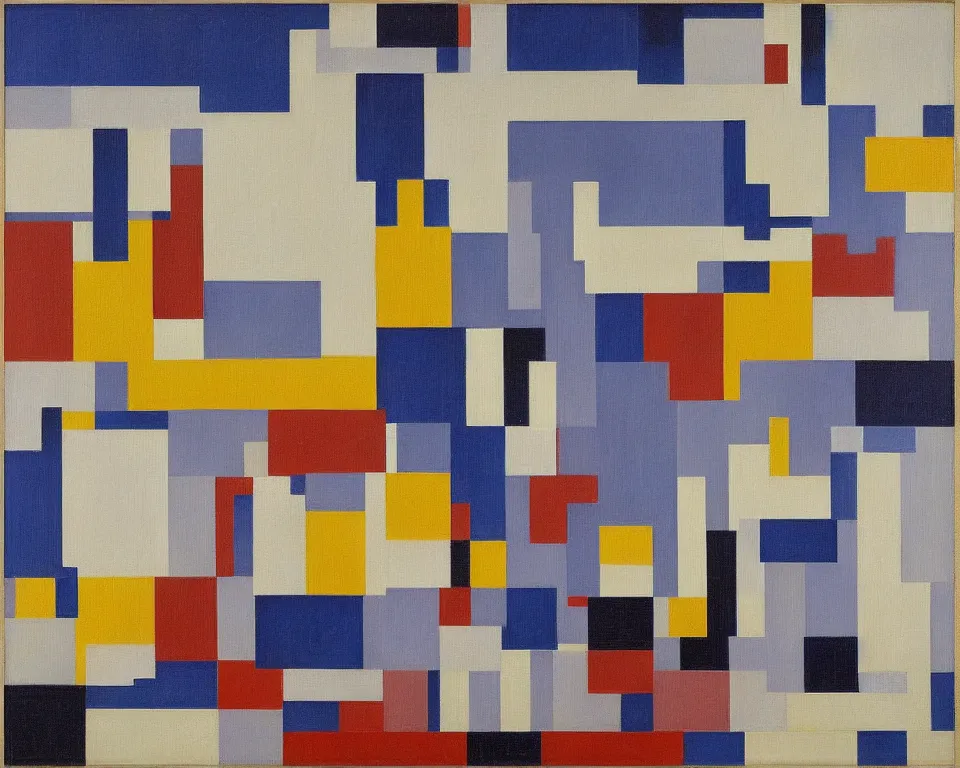 Prompt: modernist, abstract oil painting of Washington, DC by Piet Mondrian and Ed Ruscha.