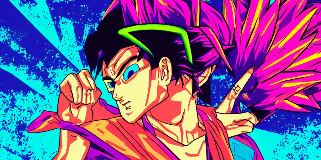 Image similar to vaporwave, vector graphics, synthwave, neon, goku snowboarding, portrait