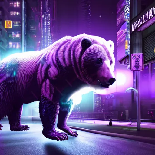 Image similar to cyborg grizzly bear with part of head replaced with metal and eye replaced with bright purple light on the streets of neo tokyo, 4k award winning render, realistic, neon, dark, gritty