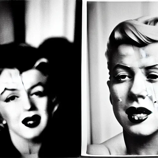 Prompt: damaged photo of marilyn monroe and jfk by diane arbus, black and white, high contrast, out of focus, rolleiflex, 5 5 mm f / 4 lens