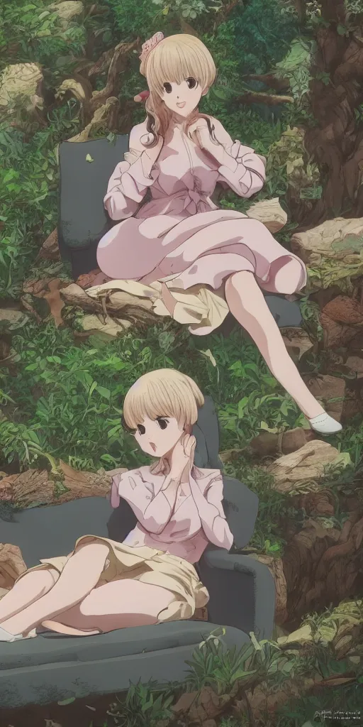 Image similar to a single queen sitting by herself on a sofa in a forest, drawn by CloverWorks, elegant, beauty, nurturing