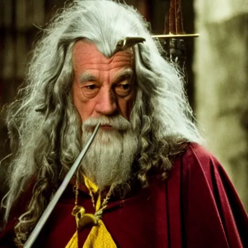 Prompt: still of gandalf as a gryffindor student in harry potter