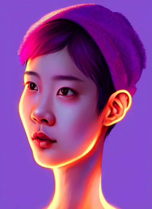 Image similar to portrait of chinese girl with bright pink hair, curly pixie cut hair, wearing a purple cap, breton cap, intricate, elegant, glowing lights, highly detailed, digital painting, artstation, concept art, smooth, sharp focus, illustration, art by wlop, mars ravelo and greg rutkowski