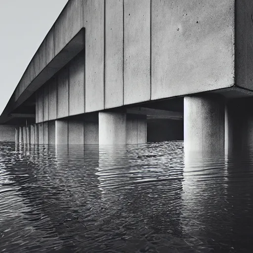 Prompt: flooded concrete structure, surreal architecture, meglaphobia, angled walls, liminal, minimalist architecture,