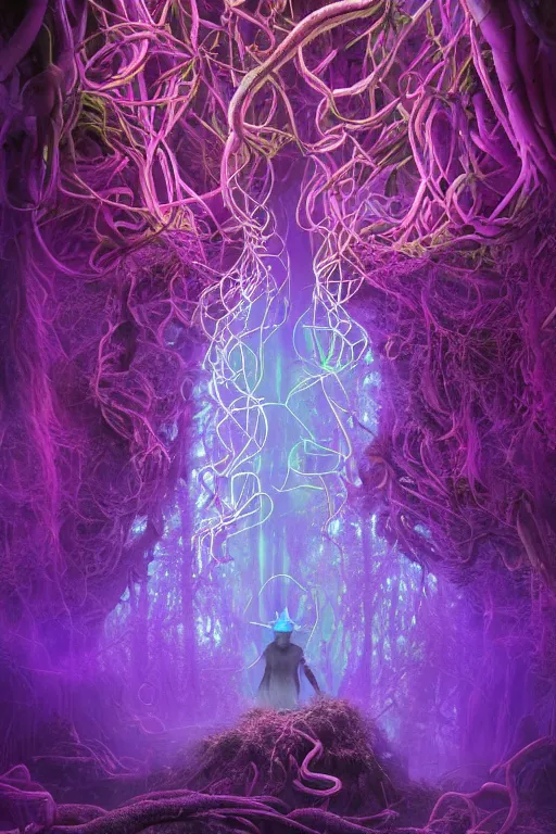 Image similar to mysterious Shaman of the Purple Forest, neon light blue cloak, mycelium, fungi, vines, symmetrical features, illusion, magical realism, ultradetailed, volumetric lighting, 4k UHD, film poster.