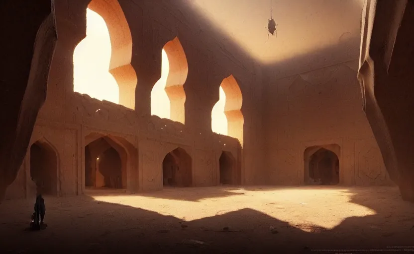 Prompt: painting of an interior ancient Persian castle in the middle of desert with dunes by Greg Rutkowski and Craig Mullins, Dark atmospheric sad and cinematic lighting, Trending on artstation