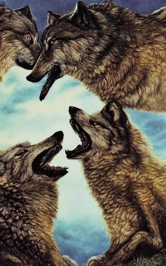 Prompt: two wolves kissing together, airbrush fantasy 80s paleoart, masterpiece album cover with black gradient on edges