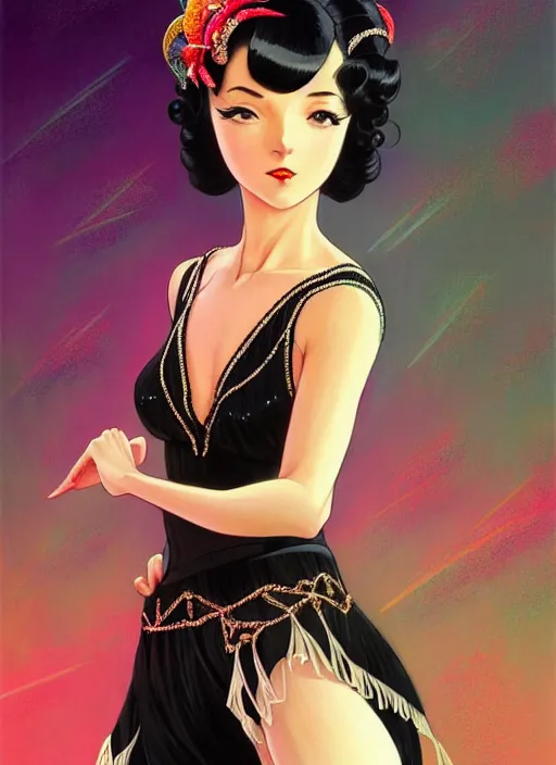 Image similar to a beautiful dancer with black hair in 1930's fashion, ballroom background, intricate, highly detailed, digital painting, artstation, official media, anime key visual, concept art, rich vivid colors, ambient lighting, sharp focus, illustration, art by Artgerm, Makoto Shinkai, Ilya Kuvshinov, Lois Van Baarle, and Rossdraws