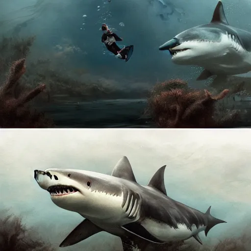 Image similar to a dream fantasy painting of ( white shark with blood teeth ) hunt a scuba diver, in the deep, trending on artstation, deviantart, matte painting by greg rutkowski, holly bruce, jon kuo