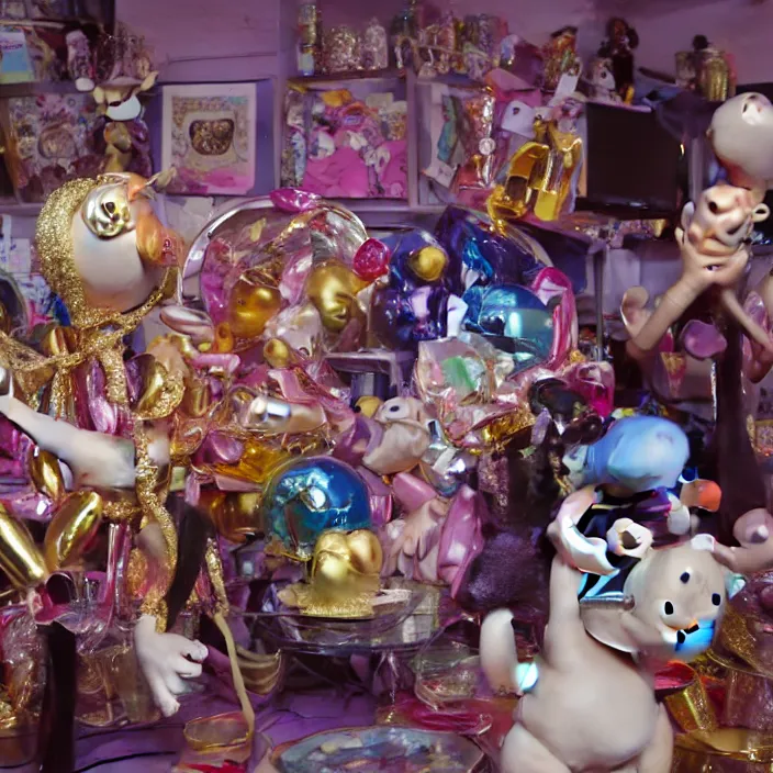 Prompt: jeff koons hip hop bauhaus style street sharks sailor moon wearing diamond grillz and a ton of bussdown iced gold bling in wallace & gromit strata - cut claymation, ultra realistic, concept art, intricate details, serious, highly detailed, photorealistic, octane render, 8 k, unreal engine, art by alphonse mucha