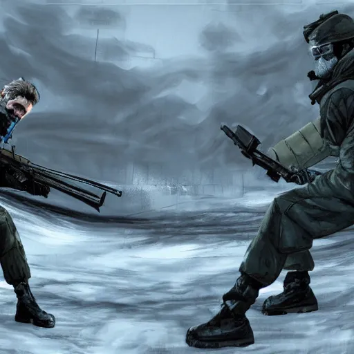 Image similar to Solid Snake from MGS and Gordon Freeman from Half-Life melee fight against each other on an abandoned military base, winter, very detailed, hyper realism, epic, close-up fight, digital art, concept art, illustration, artstation, cgi, 4k