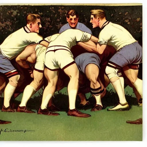 Image similar to 1920s full color illustration by J.C. Leyendecker of handsome male rugby players in a scrum on the field, rugby ball on the ground in between the handsome rugby players