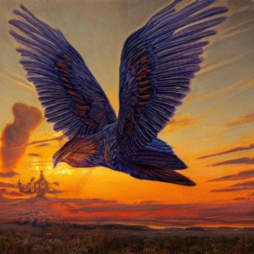 Prompt: a pancake with attached wings, flapping its wings flying in sunset sky, oil on canvas, portrait, intricate, 8k highly professionally detailed, HDR, CGsociety