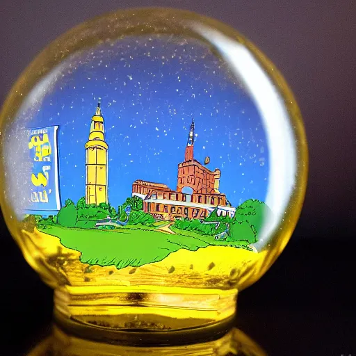 Image similar to the town of springfield from the simpsons in a beautiful photo-realistic snowglobe