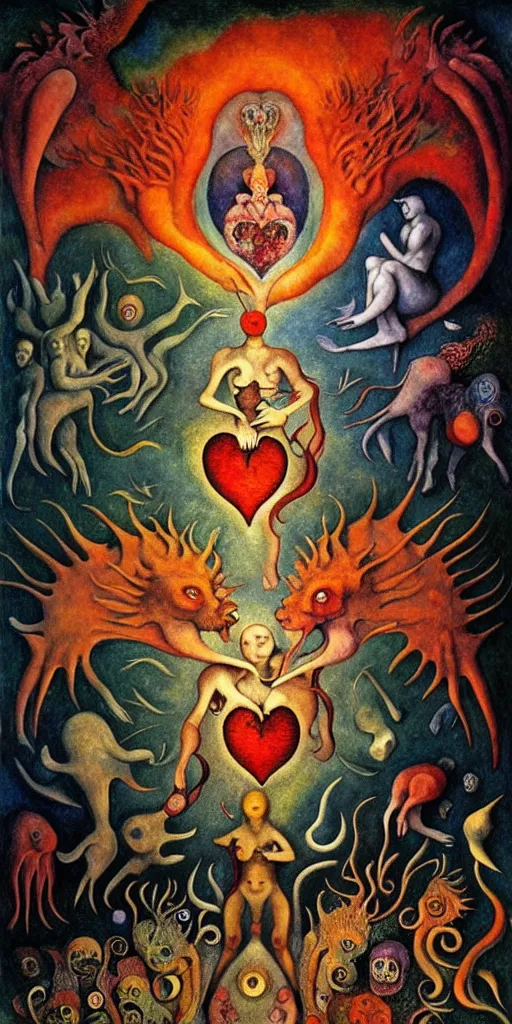 Image similar to mythical creatures and monsters in the visceral anatomical human heart imaginal realm of the collective unconscious, in a dark surreal mixed media oil painting by johfra, bosch, kandinsky, escher and ronny khalil, dramatic lighting from inner fire