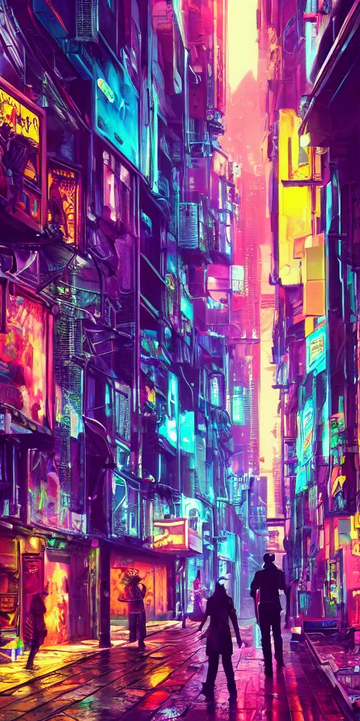 Image similar to cyberpunk alley with a person in the background, pop art, rtx, 8 k, ray tracing, highly detailed, cold colors, rain,