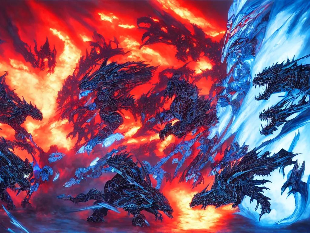 Image similar to battle between ice dragons and fire dragaons, cinematic lighting, epic proportions, collaborative painting by greg ruthowski, michael whelan, yoji shinkawa, collaboarative artwork, exquisitely high quality and detailed, artstation