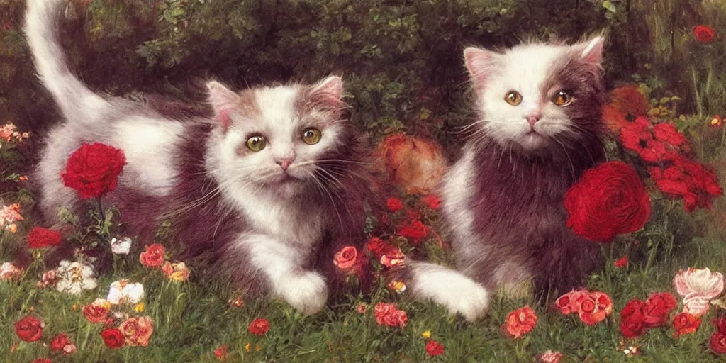 Image similar to 3 d precious moments plush cat with realistic fur and an dark red / medium red / reddish brown / deep purplegray color scheme, field of flowers, master painter and art style of john william waterhouse and caspar david friedrich and philipp otto runge