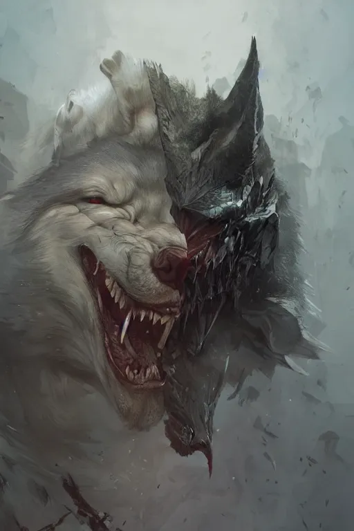 Prompt: vicious wolf, Leonardo, marvel, dark, intricate, highly detailed, smooth, artstation, digital illustration by Ruan Jia and Mandy Jurgens and Artgerm and Wayne Barlowe and Greg Rutkowski and Zdislav Beksinski