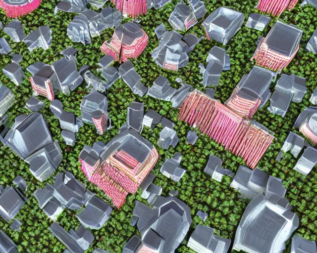 Image similar to turkey! - hungary! khaganate in 2 0 3 3 year, with futuristic! buildings, the buildings are light - grey!, with pink! trees around buildings, with green! trees around buildings, highly detailed digital art