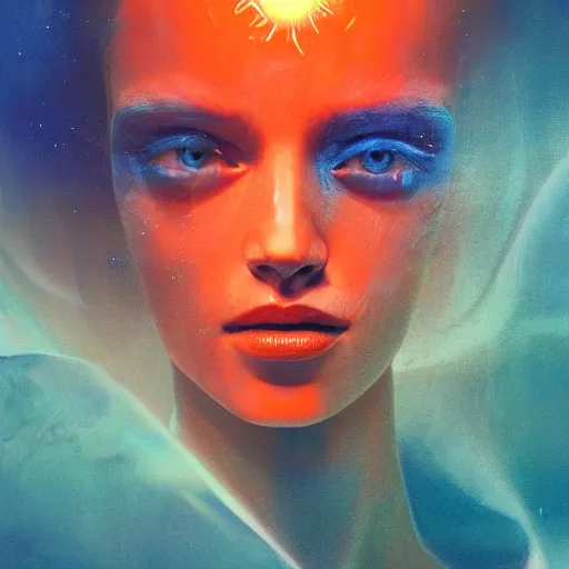 Image similar to 3 d, sci - fi, morning, sleepy fashion model face, sun, neon, cinematic, lightning clouds, vogue cover style, poster art, light orange and deep blue mood, realistic painting, intricate oil painting, high detail, figurative art, multiple exposure, poster art, 3 d, by tooth wu and wlop and beeple and greg rutkowski